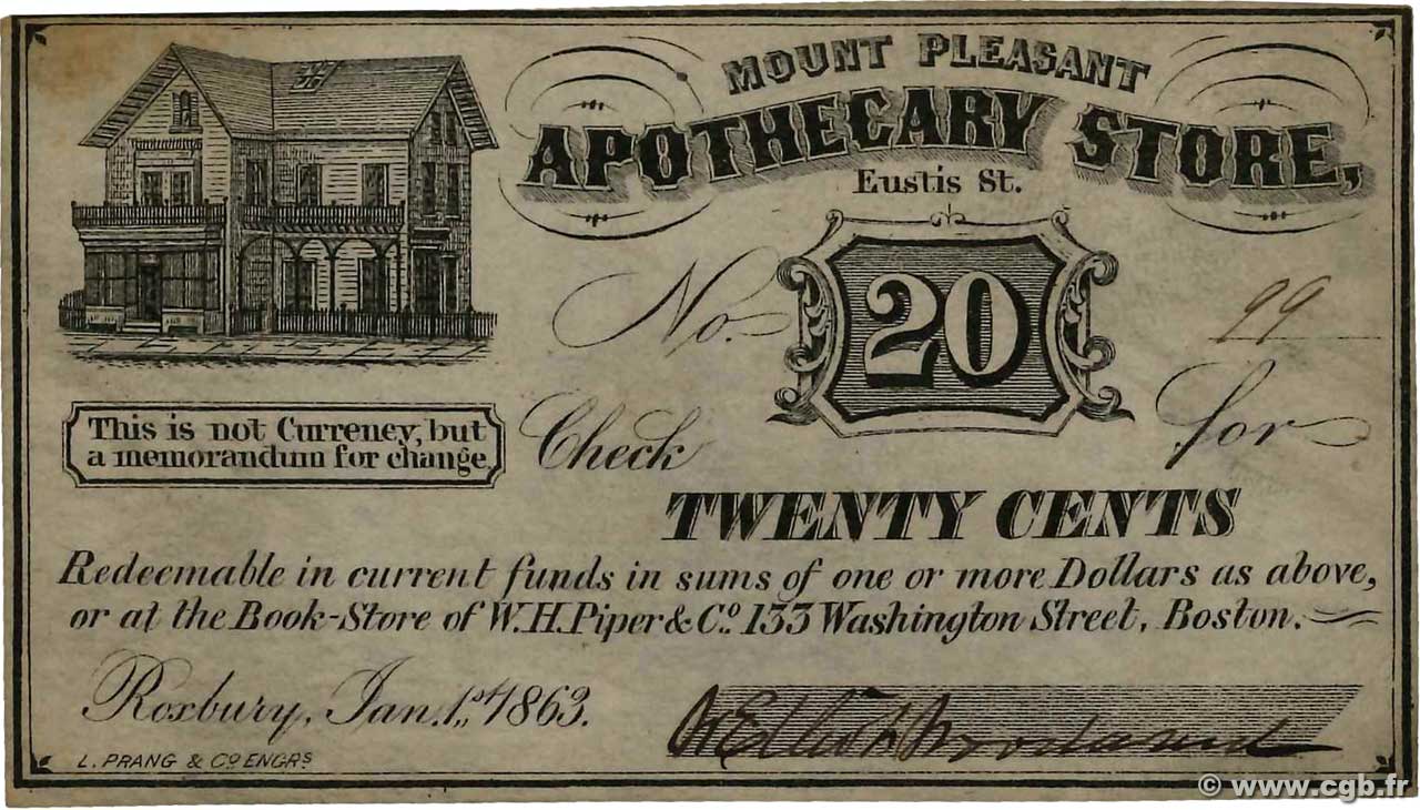 20 Cents UNITED STATES OF AMERICA Roxbury 1863  VF-
