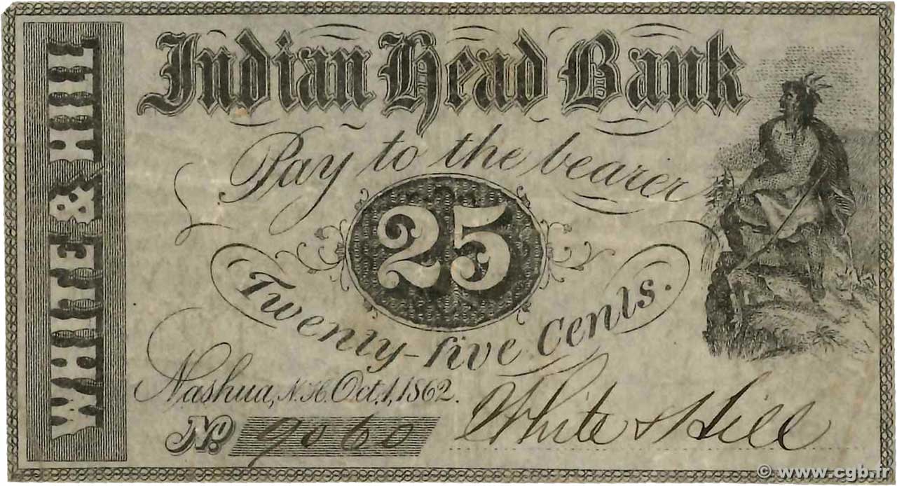 25 Cents UNITED STATES OF AMERICA Nashua 1862  VF
