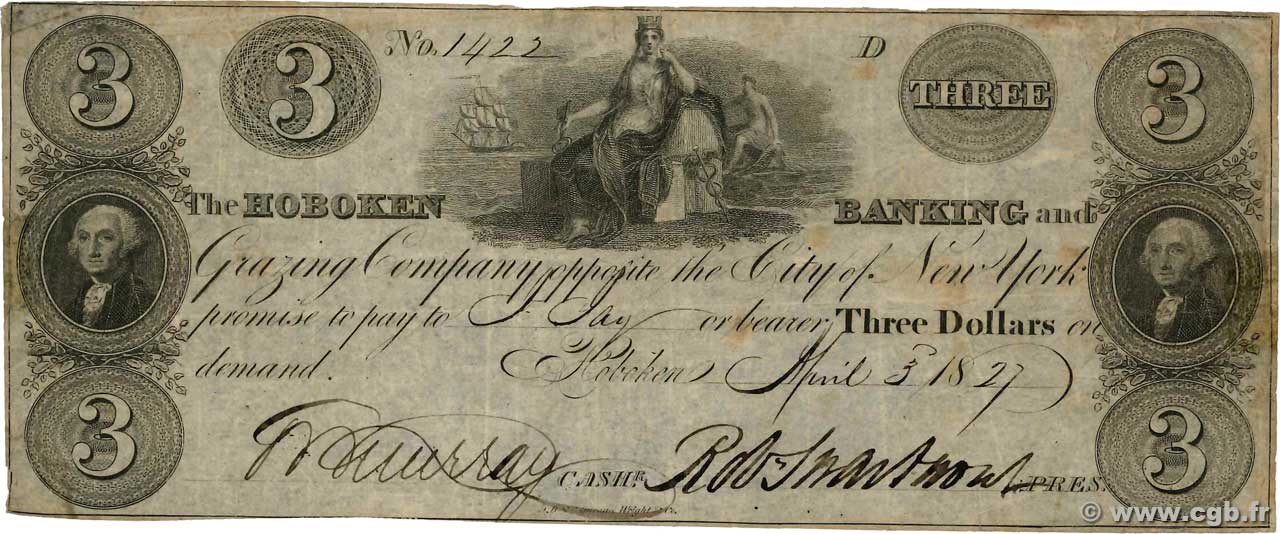 3 Dollars UNITED STATES OF AMERICA Hoboken 1827  F