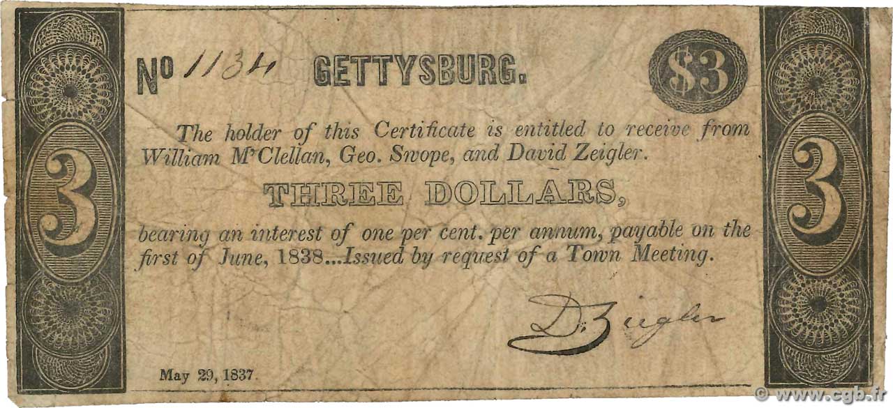 3 Dollars ÉTATS-UNIS D AMÉRIQUE Gettysburg 1837  TB