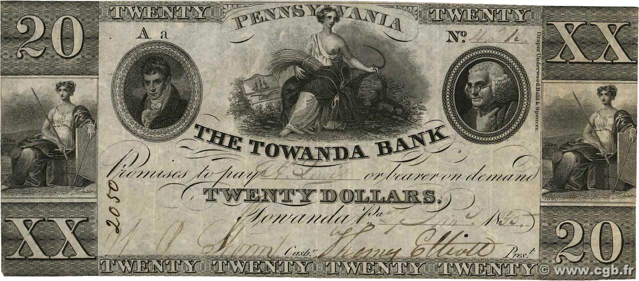 20 Dollars ÉTATS-UNIS D AMÉRIQUE Towanda 1835  pr.TTB