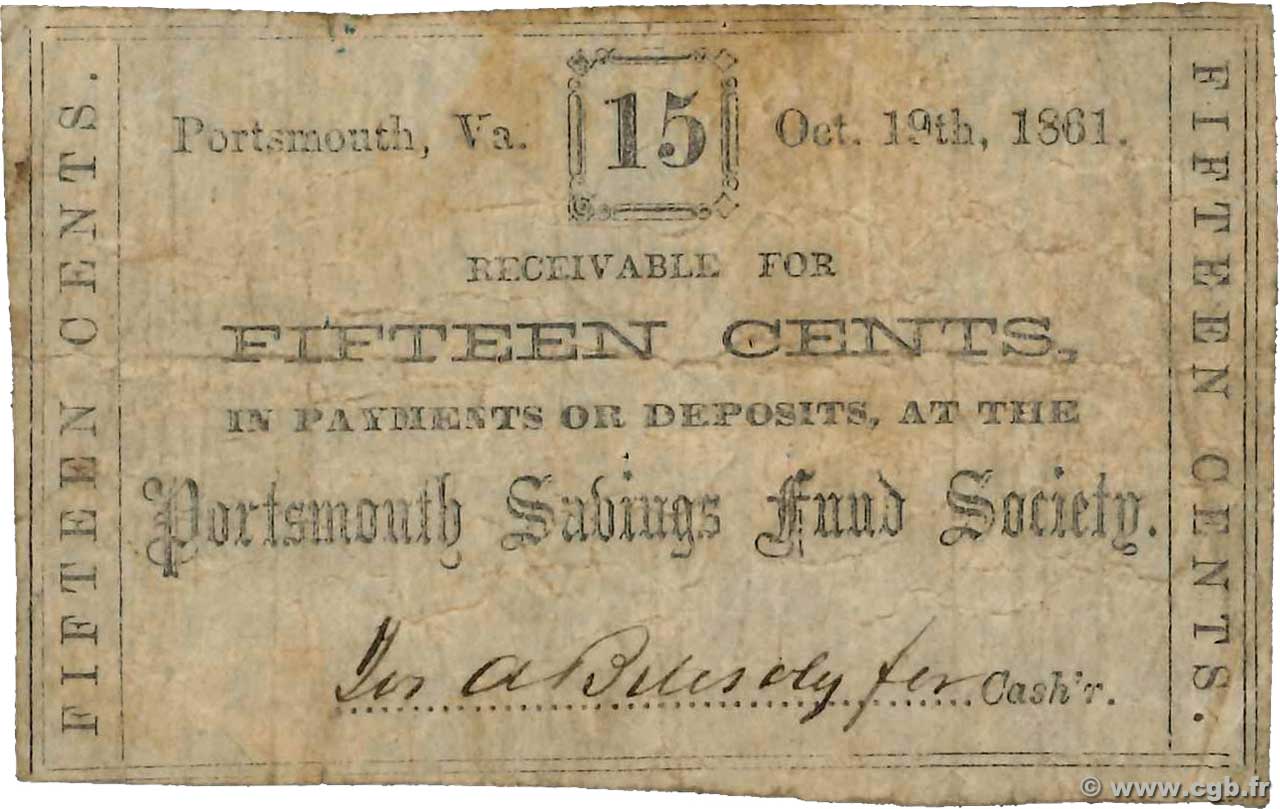 15 Cents VEREINIGTE STAATEN VON AMERIKA Portsmouth 1861  S