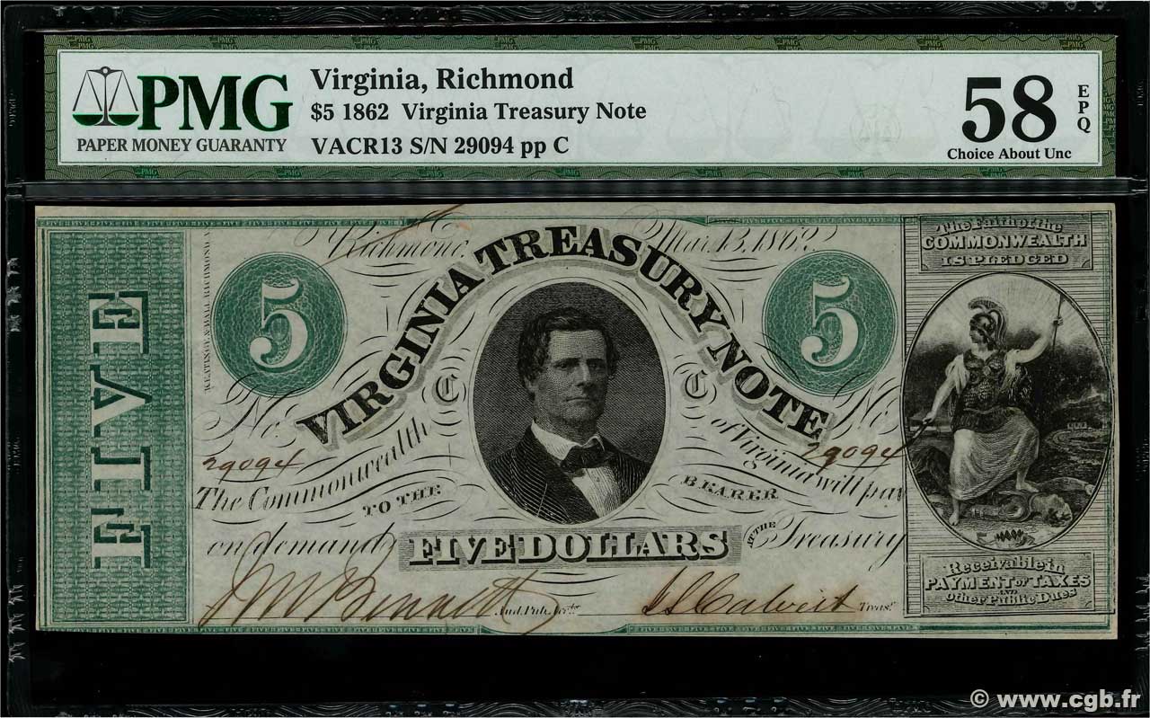 5 Dollars STATI UNITI D AMERICA Richmond 1862 PS.3682 AU