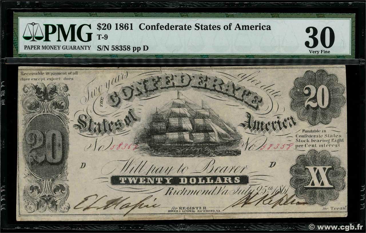 20 Dollars ESTADOS CONFEDERADOS DE AMÉRICA  1861 P.10 BC+