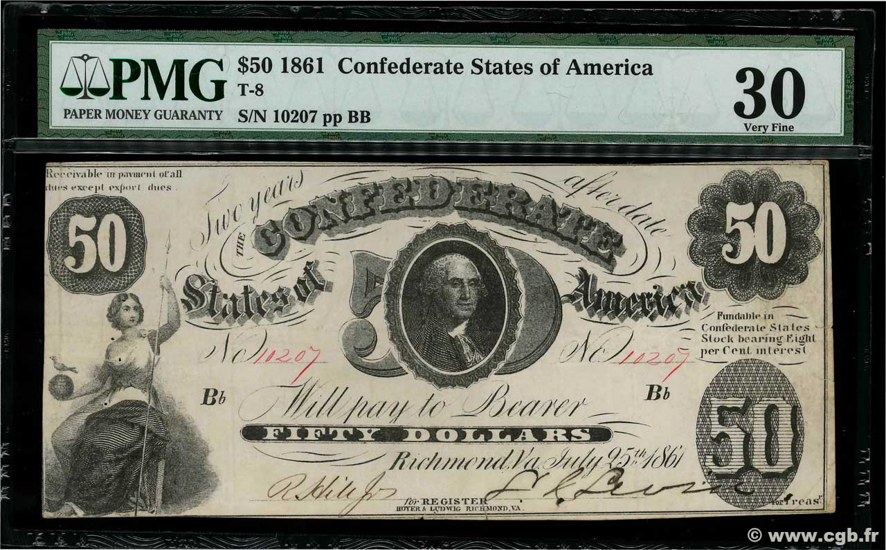 50 Dollars ESTADOS CONFEDERADOS DE AMÉRICA  1861 P.11 MBC