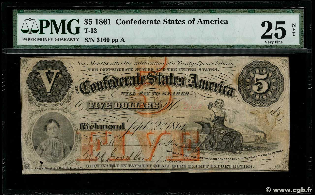 5 Dollars ÉTATS CONFÉDÉRÉS D AMÉRIQUE  1861 P.15 TB