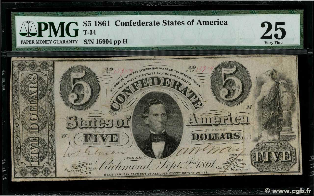 5 Dollars STATI CONFEDERATI D AMERICA  1861 P.16b MB