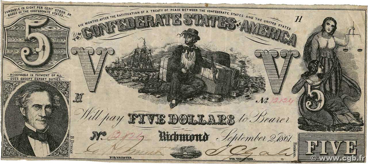 5 Dollars STATI CONFEDERATI D AMERICA  1861 P.20a q.BB