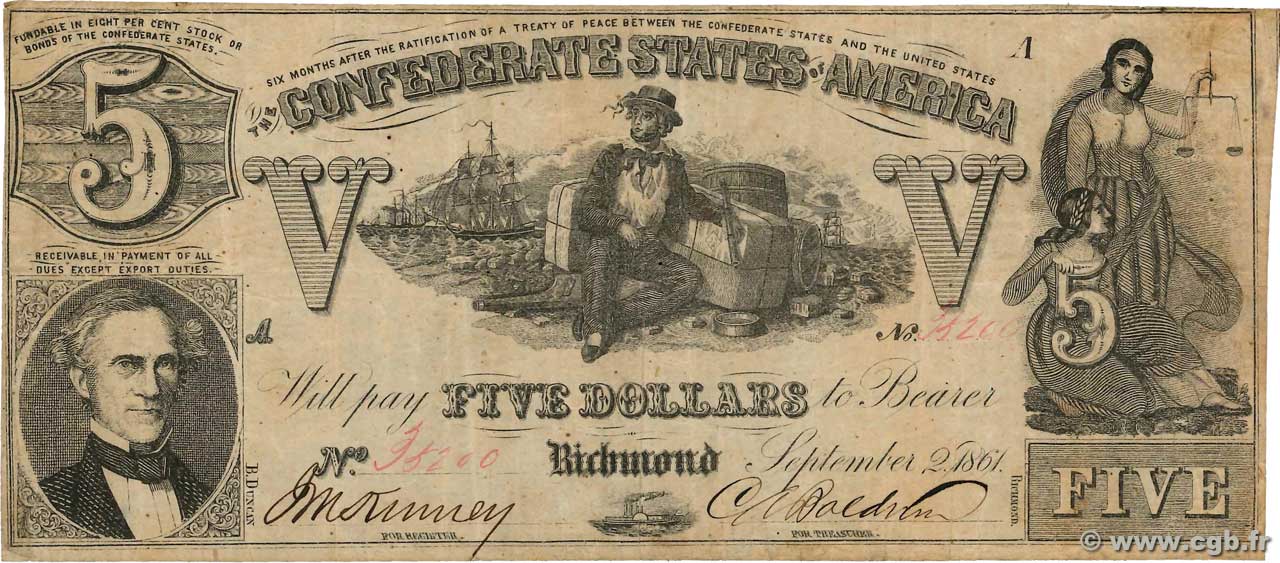 5 Dollars STATI CONFEDERATI D AMERICA  1861 P.20a q.BB