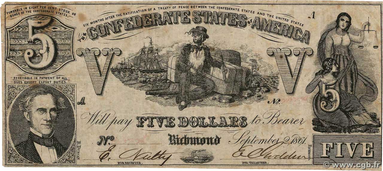 5 Dollars ÉTATS CONFÉDÉRÉS D AMÉRIQUE  1861 P.20a TB
