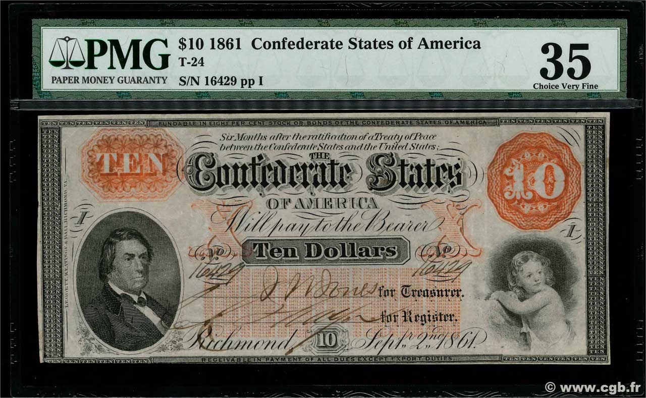 10 Dollars STATI CONFEDERATI D AMERICA  1861 P.23 q.SPL