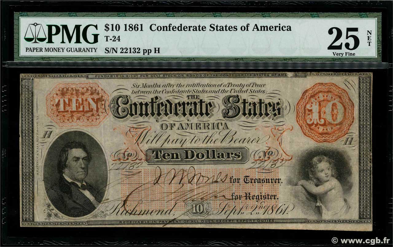 10 Dollars STATI CONFEDERATI D AMERICA  1861 P.23 q.BB