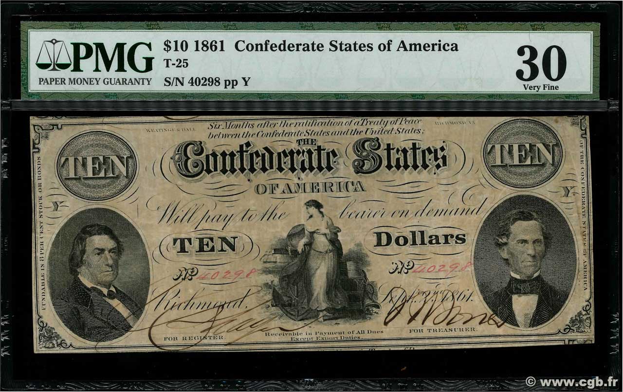 10 Dollars STATI CONFEDERATI D AMERICA  1861 P.24 BB