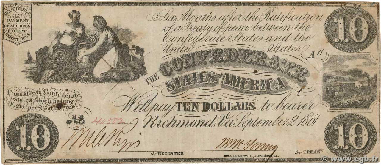 10 Dollars Annulé ESTADOS CONFEDERADOS DE AMÉRICA  1861 P.27b BC