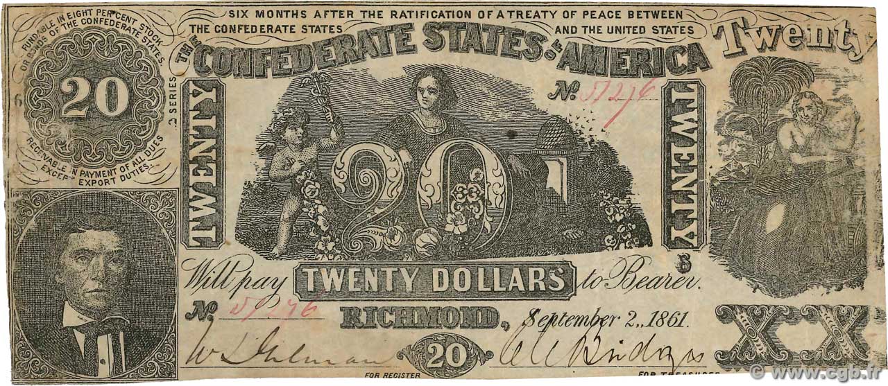20 Dollars STATI CONFEDERATI D AMERICA  1861 P.33 BB