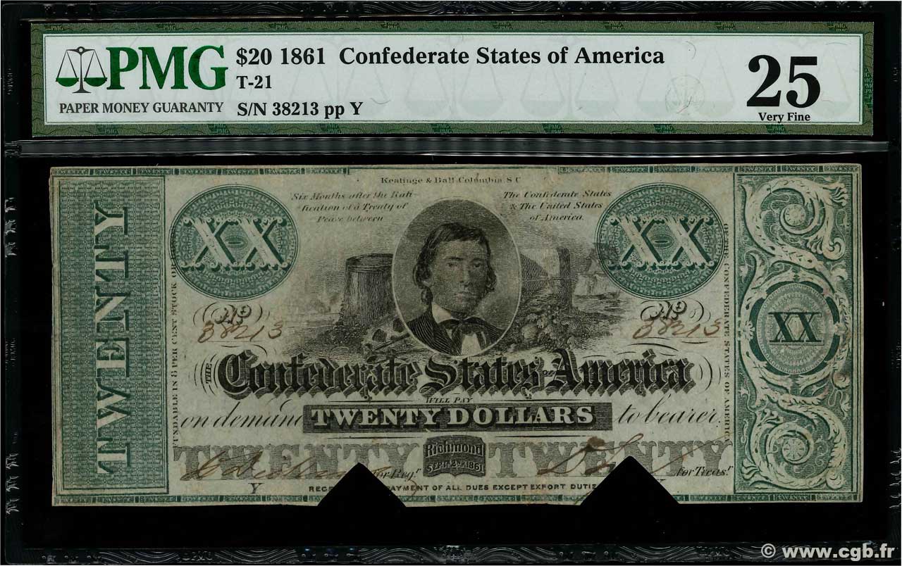 20 Dollars Annulé STATI CONFEDERATI D AMERICA  1861 P.34 q.BB