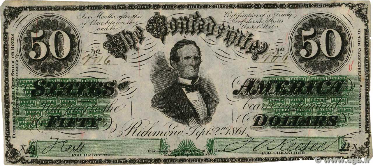 50 Dollars Faux STATI CONFEDERATI D AMERICA  1861 P.37 SPL