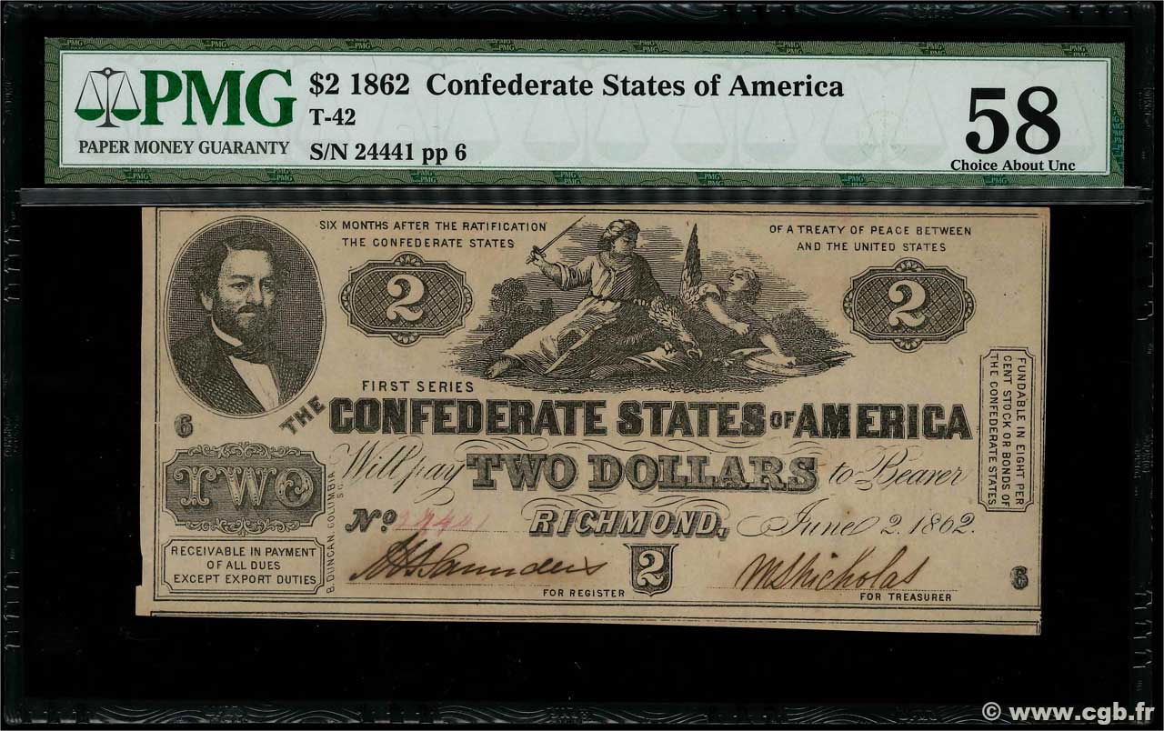 2 Dollars ÉTATS CONFÉDÉRÉS D AMÉRIQUE  1862 P.41 SPL