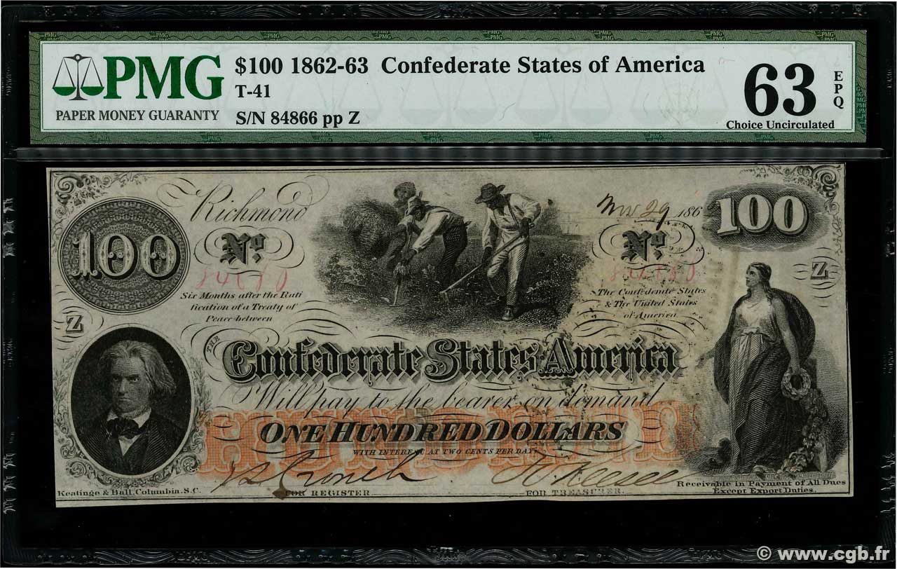 100 Dollars ÉTATS CONFÉDÉRÉS D AMÉRIQUE  1862 P.45 SPL+