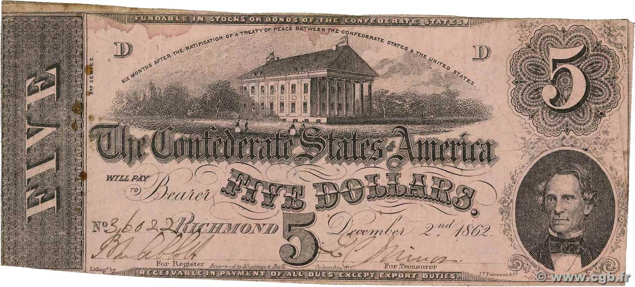 5 Dollars STATI CONFEDERATI D AMERICA  1862 P.51c MB