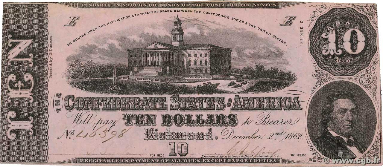 10 Dollars CONFEDERATE STATES OF AMERICA  1862 P.52b F