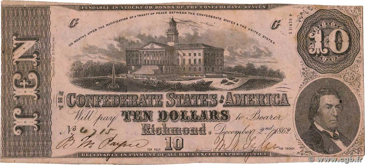 10 Dollars STATI CONFEDERATI D AMERICA  1862 P.52b BB