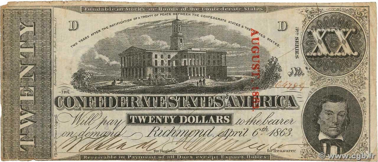 20 Dollars ÉTATS CONFÉDÉRÉS D AMÉRIQUE  1863 P.61b pr.TTB