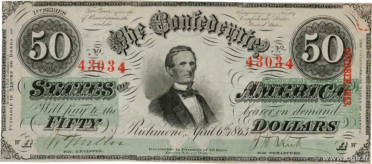 50 Dollars Annulé ESTADOS CONFEDERADOS DE AMÉRICA  1863 P.62b MBC