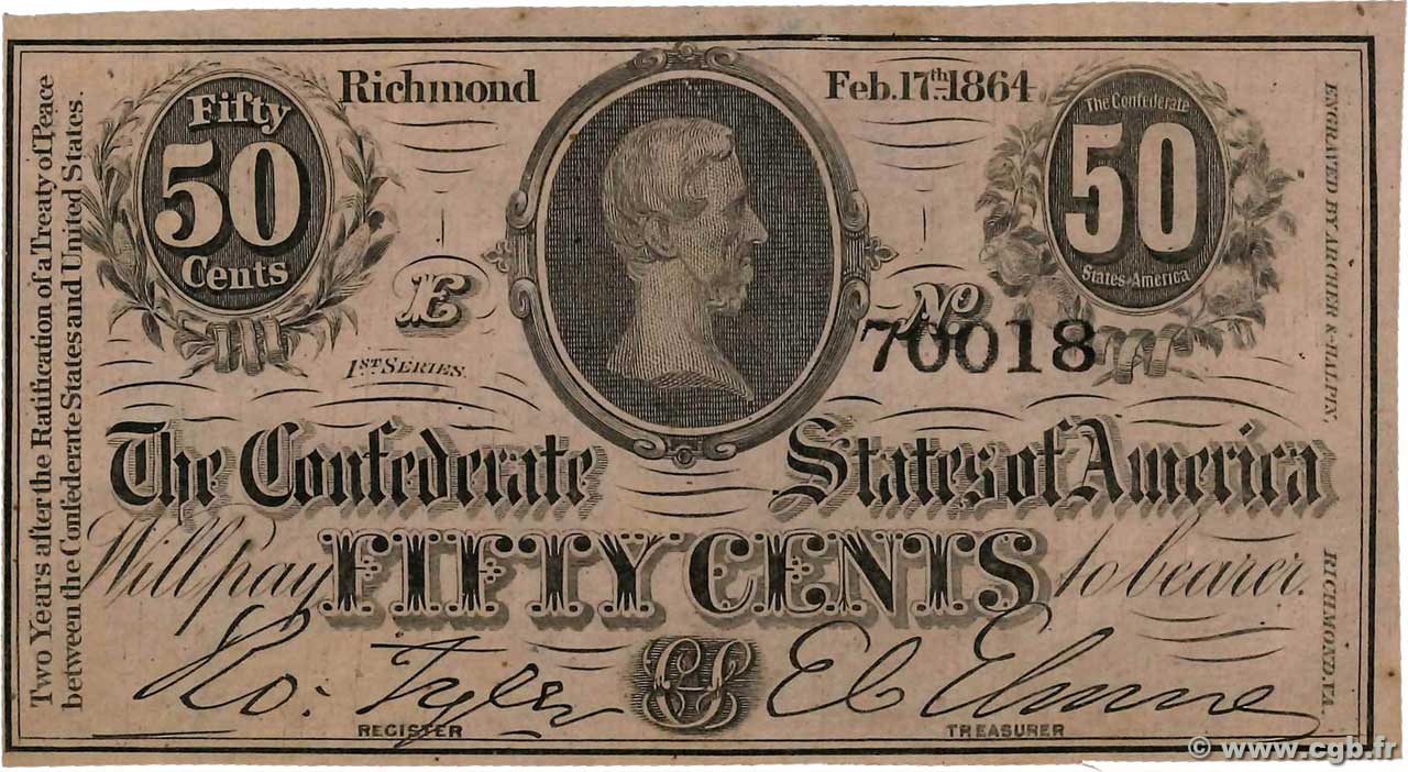 50 Cents CONFEDERATE STATES OF AMERICA  1864 P.64a AU