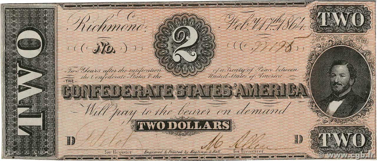 2 Dollars Гражданская война в США  1864 P.66b AU