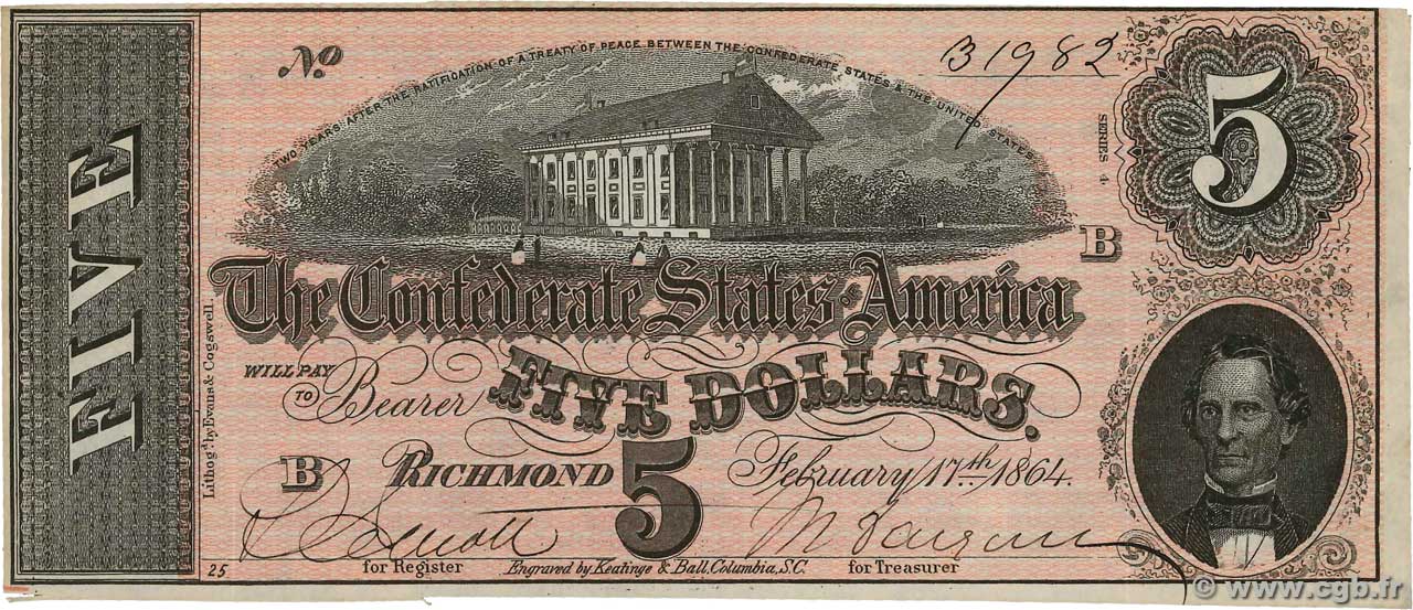 5 Dollars STATI CONFEDERATI D AMERICA  1864 P.67 SPL