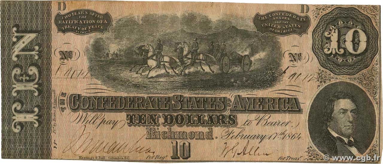 10 Dollars ÉTATS CONFÉDÉRÉS D AMÉRIQUE  1864 P.68 TTB