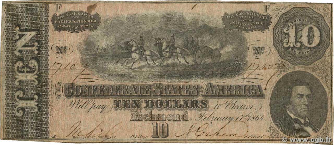 10 Dollars ÉTATS CONFÉDÉRÉS D AMÉRIQUE  1864 P.68 TB