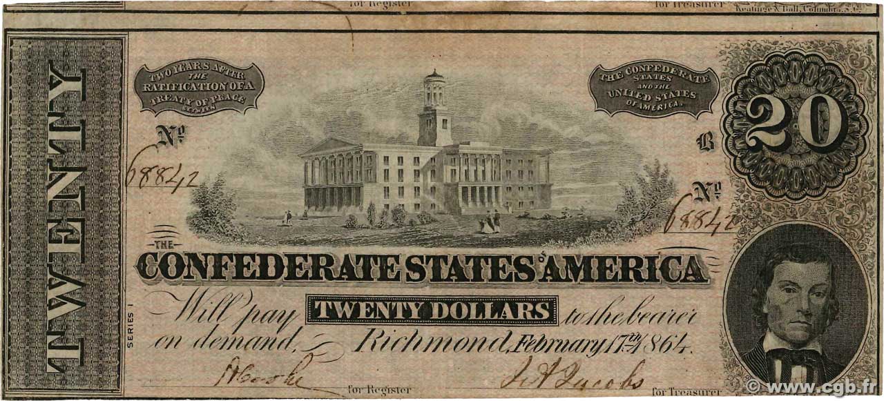 20 Dollars ÉTATS CONFÉDÉRÉS D AMÉRIQUE  1864 P.69 pr.TTB