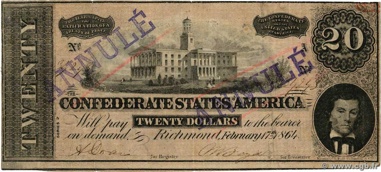 20 Dollars Annulé STATI CONFEDERATI D AMERICA  1864 P.69 q.BB