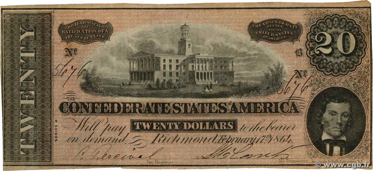 20 Dollars ÉTATS CONFÉDÉRÉS D AMÉRIQUE  1864 P.69 TTB