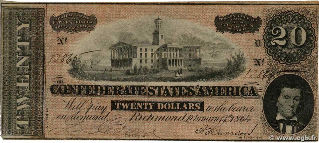 20 Dollars ÉTATS CONFÉDÉRÉS D AMÉRIQUE  1864 P.69 TTB