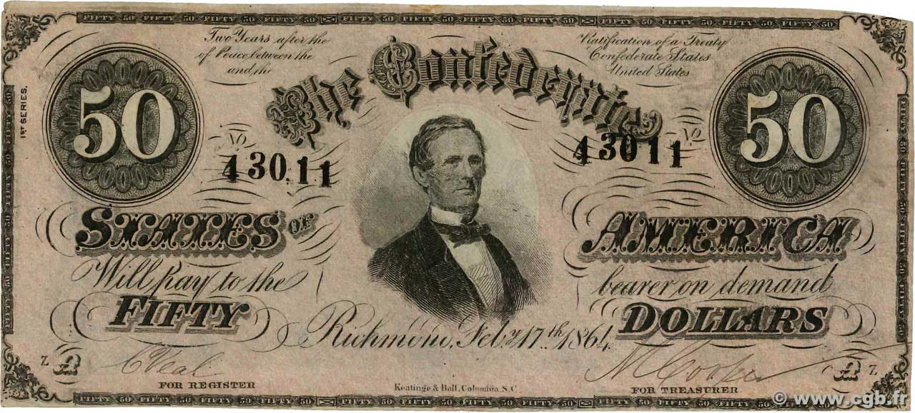 50 Dollars STATI CONFEDERATI D AMERICA  1864 P.70 q.SPL