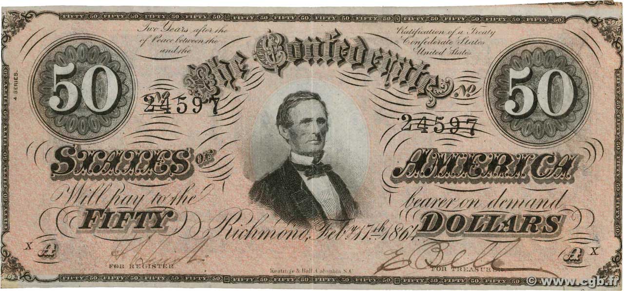 50 Dollars STATI CONFEDERATI D AMERICA  1864 P.70 SPL