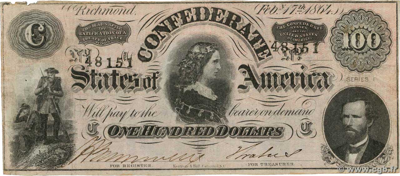 100 Dollars ÉTATS CONFÉDÉRÉS D AMÉRIQUE  1864 P.71 TB+