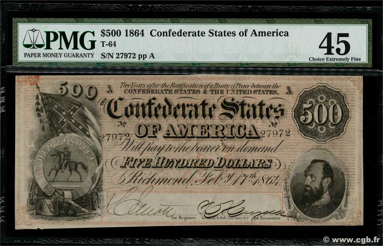 500 Dollars ÉTATS CONFÉDÉRÉS D AMÉRIQUE  1864 P.73 SUP+