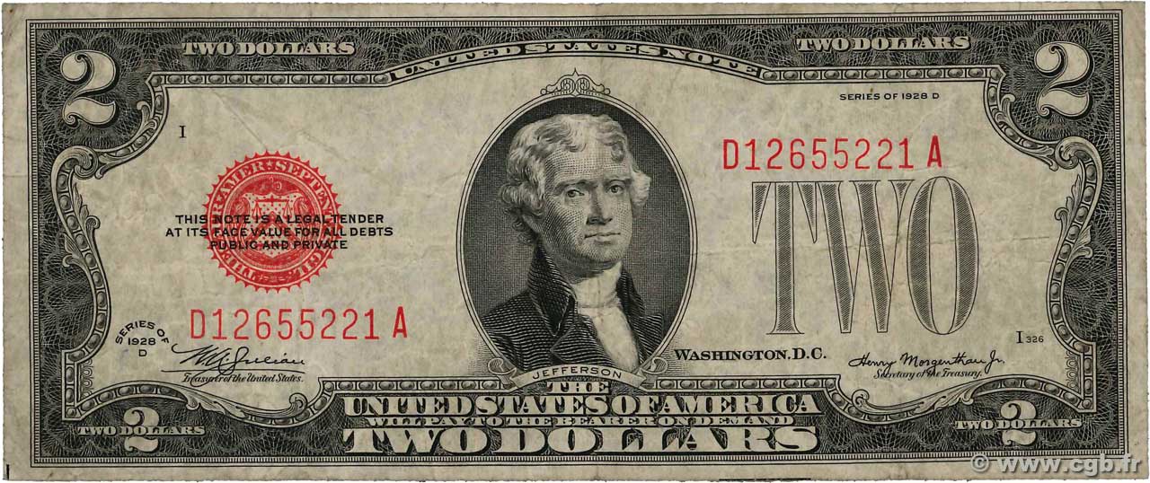 2 Dollars ÉTATS-UNIS D AMÉRIQUE  1928 P.378d B+
