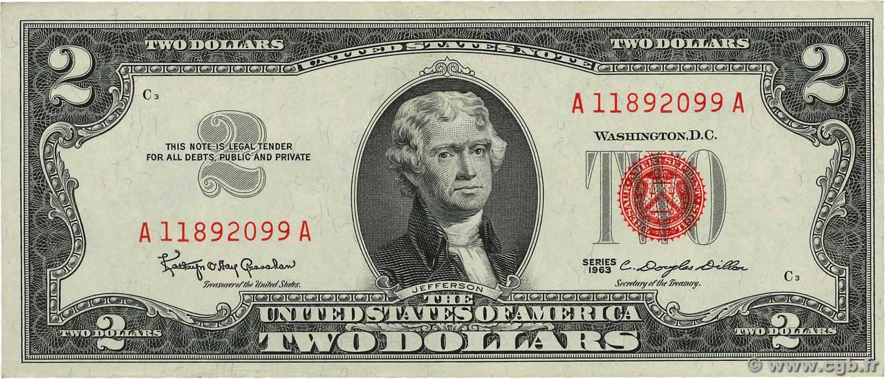 2 Dollars ÉTATS-UNIS D AMÉRIQUE  1963 P.382a SPL
