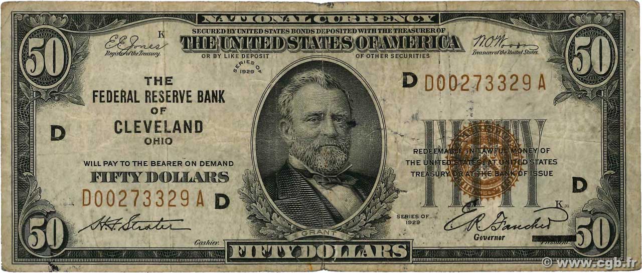 50 Dollars ÉTATS-UNIS D AMÉRIQUE Cleveland 1929 P.398 B