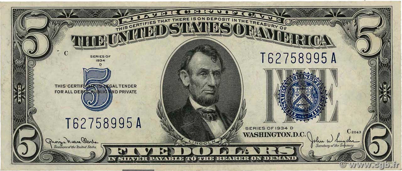 5 Dollars STATI UNITI D AMERICA  1934 P.414Ad q.SPL
