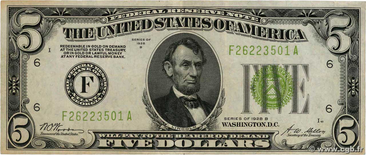 5 Dollars UNITED STATES OF AMERICA Atlanta 1928 P.420b VF