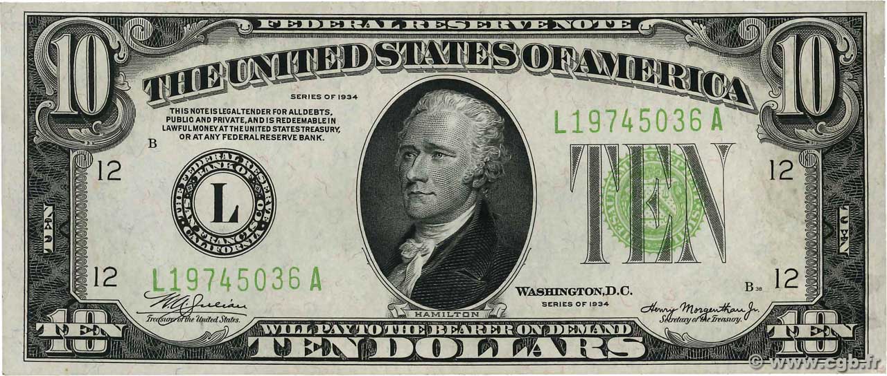 10 Dollars STATI UNITI D AMERICA San Francisco 1934 P.430D AU