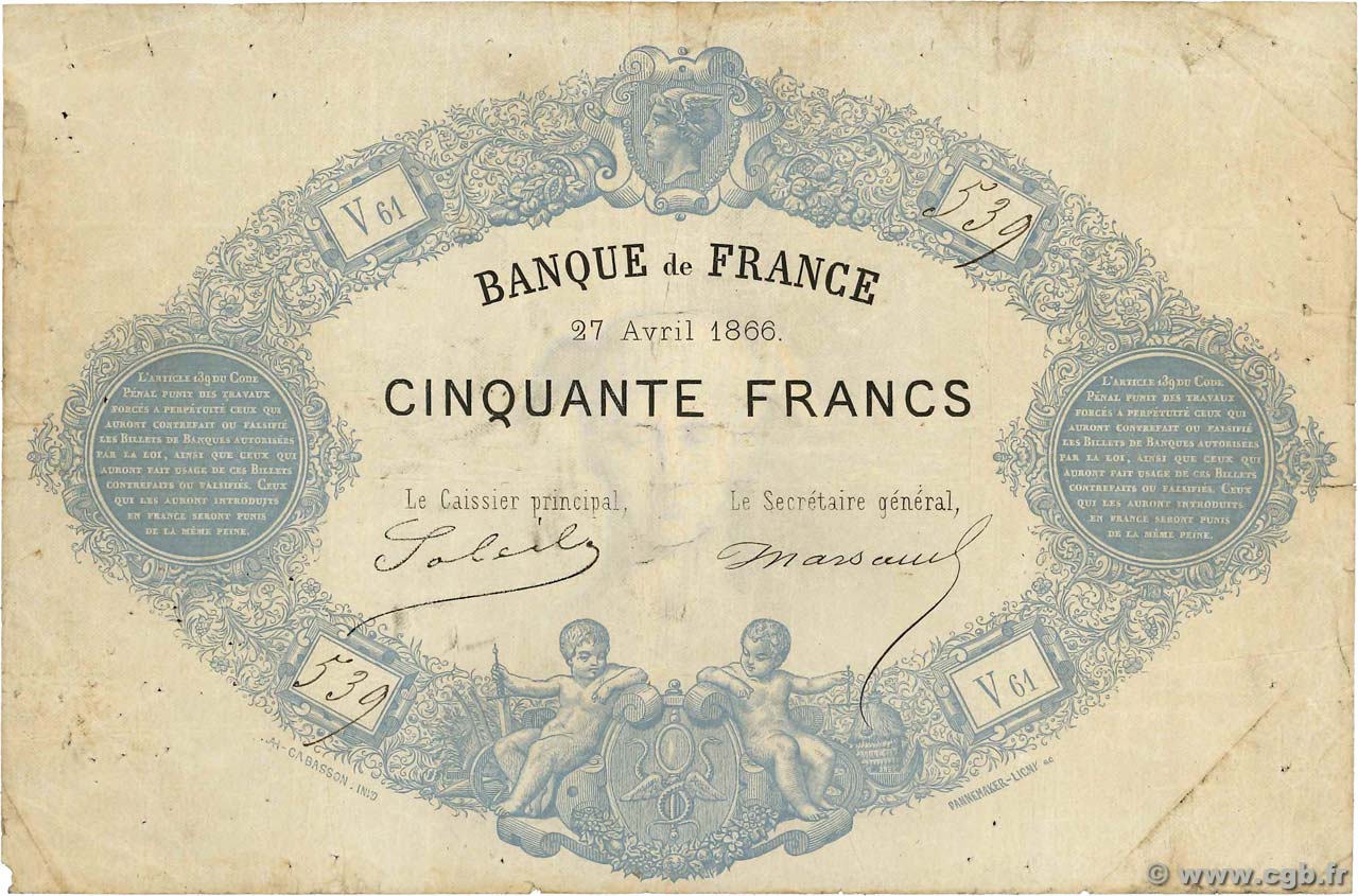 50 Francs type 1864 FRANKREICH  1866 F.A33.04 S