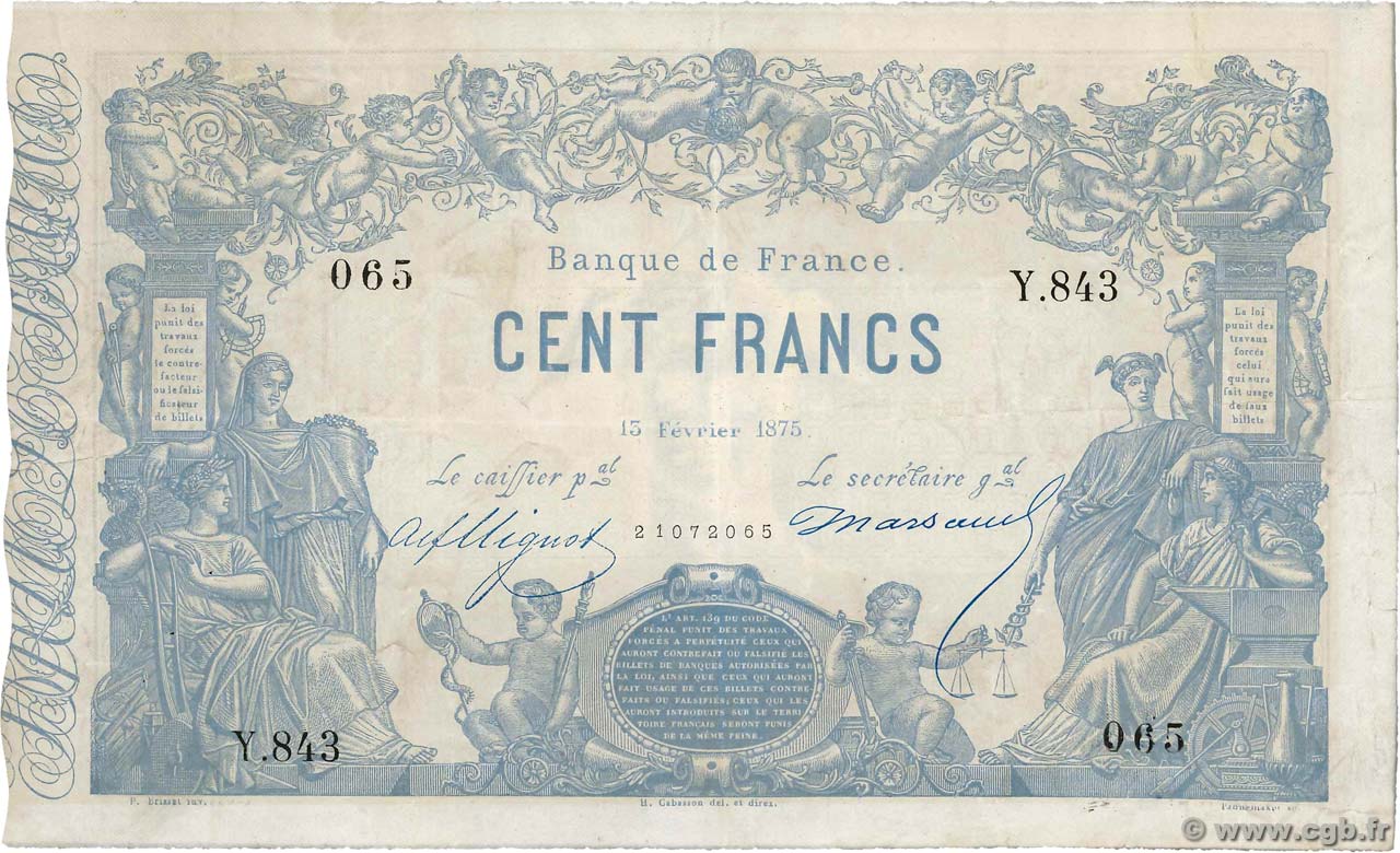 100 Francs type 1862 - Bleu à indices Noirs FRANCIA  1875 F.A39.11 BB