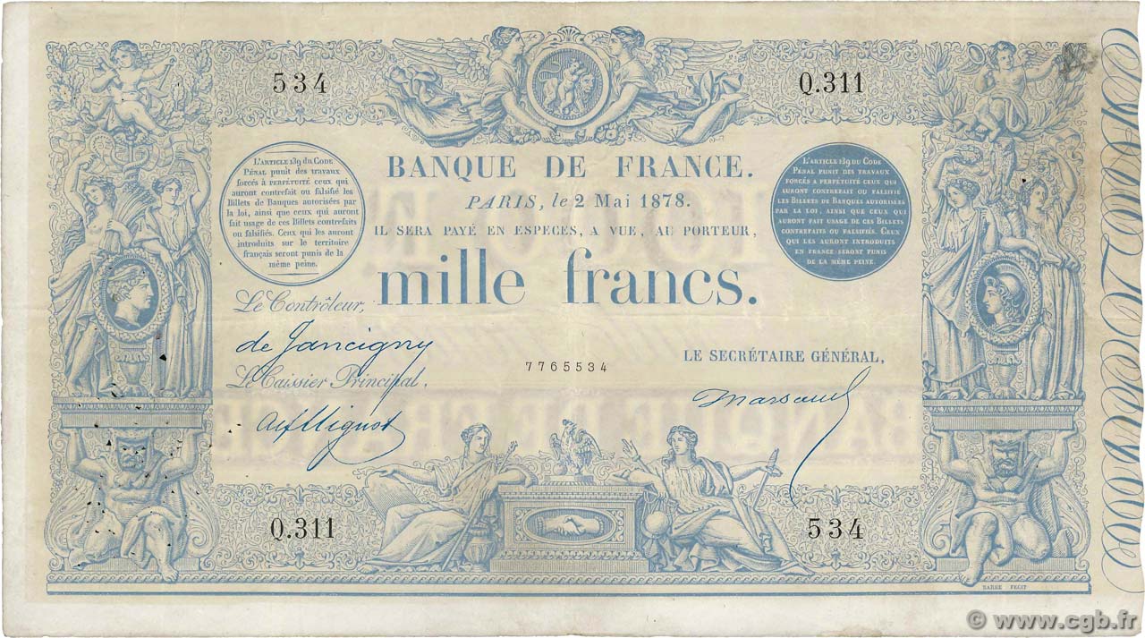 1000 Francs type 1862 Indices Noirs FRANKREICH  1878 F.A41.14 SS